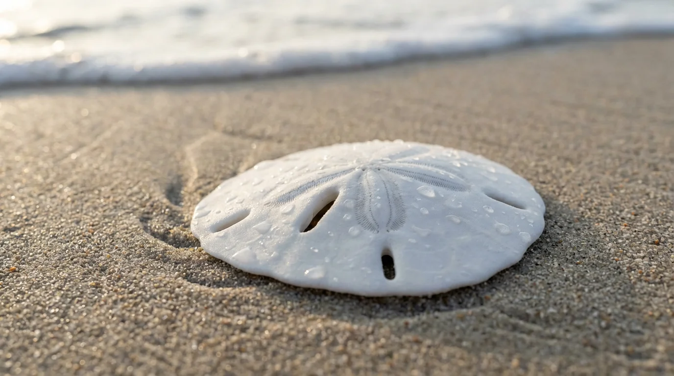 A macro photograph of a perfect sand dollar on a wet Florida beach.
