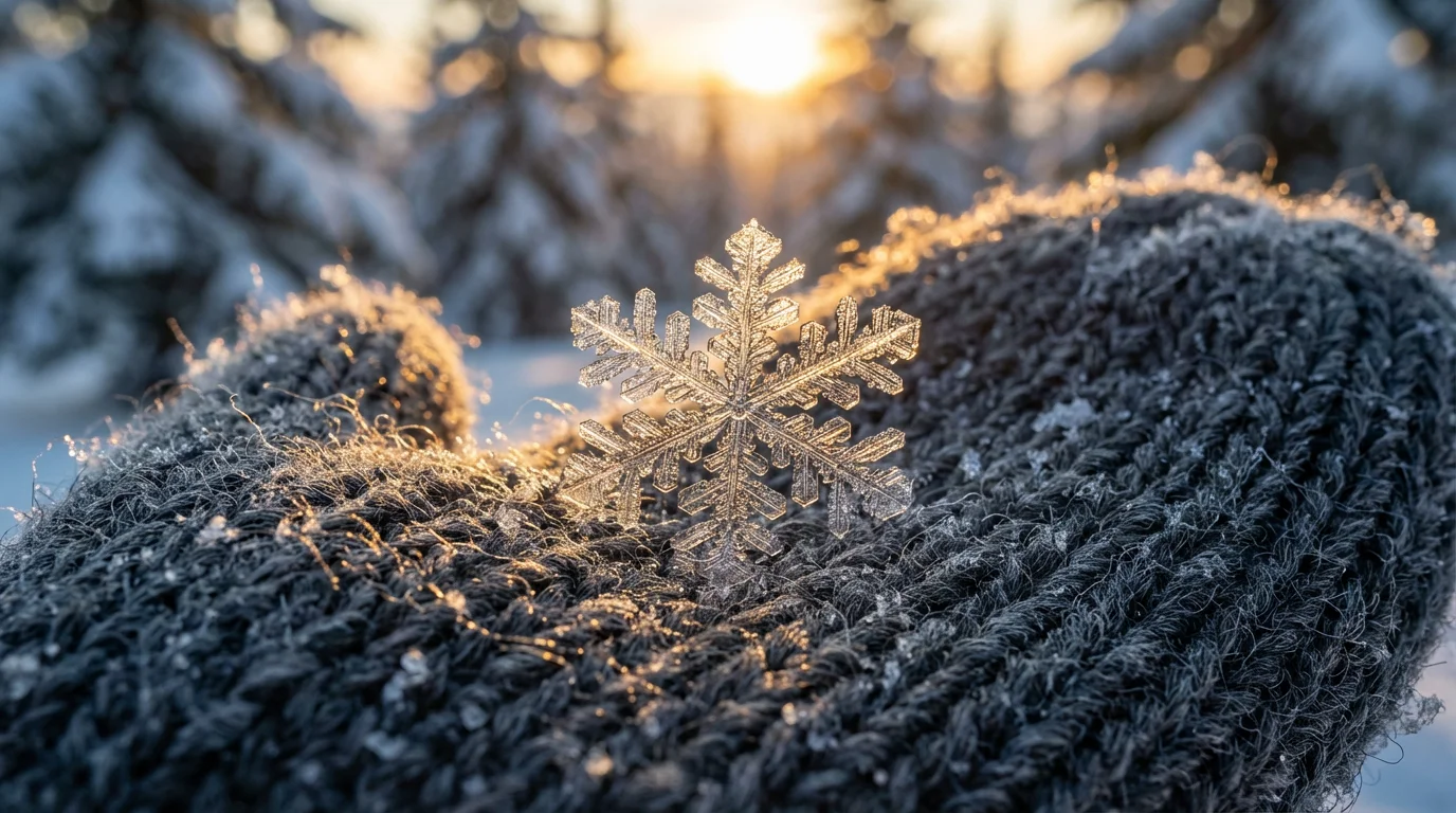 A macro photograph of a single perfect snowflake on a dark wool mitten.