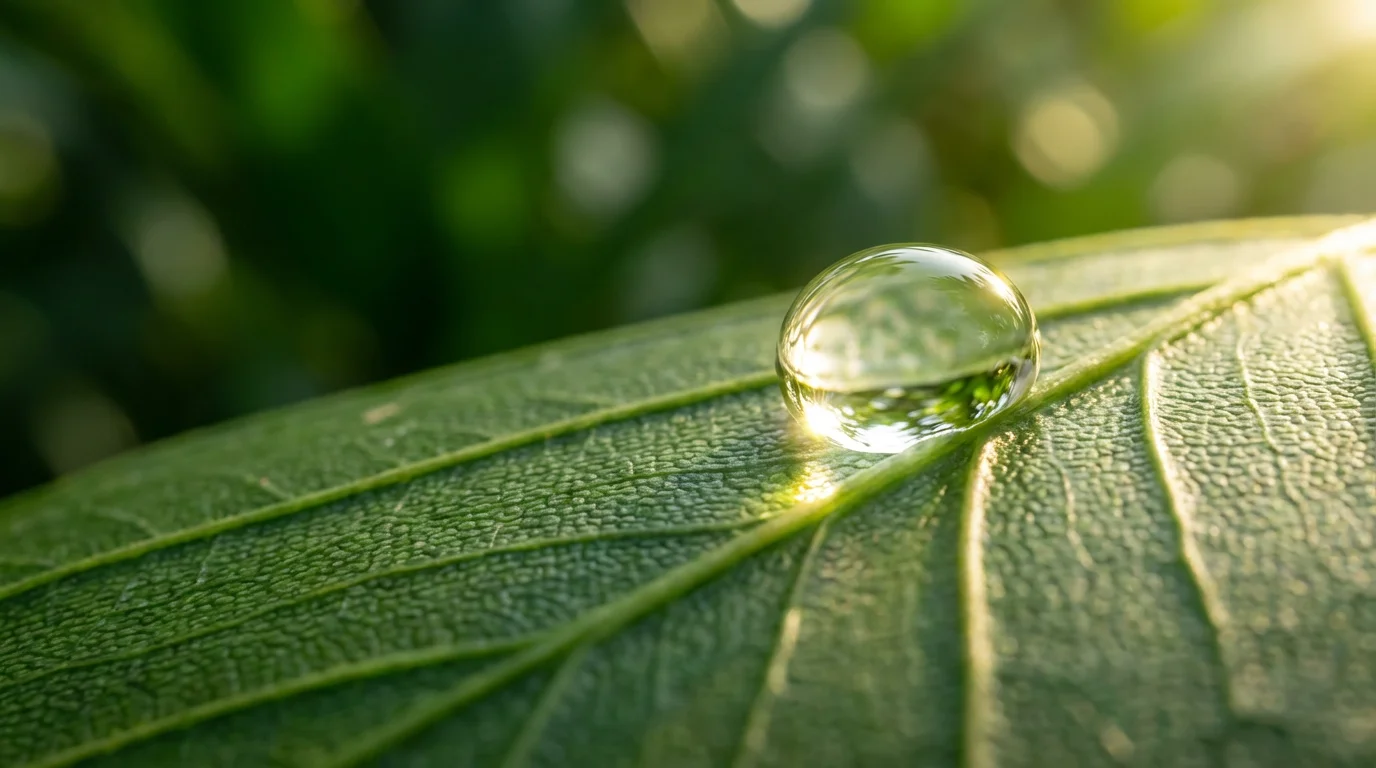 A macro photograph of a single water droplet on a green palm leaf.