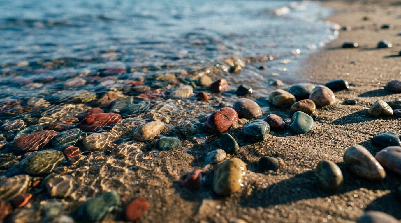 A macro photograph of colorful, smooth, wet pebbles on a sandy shore at sunset.