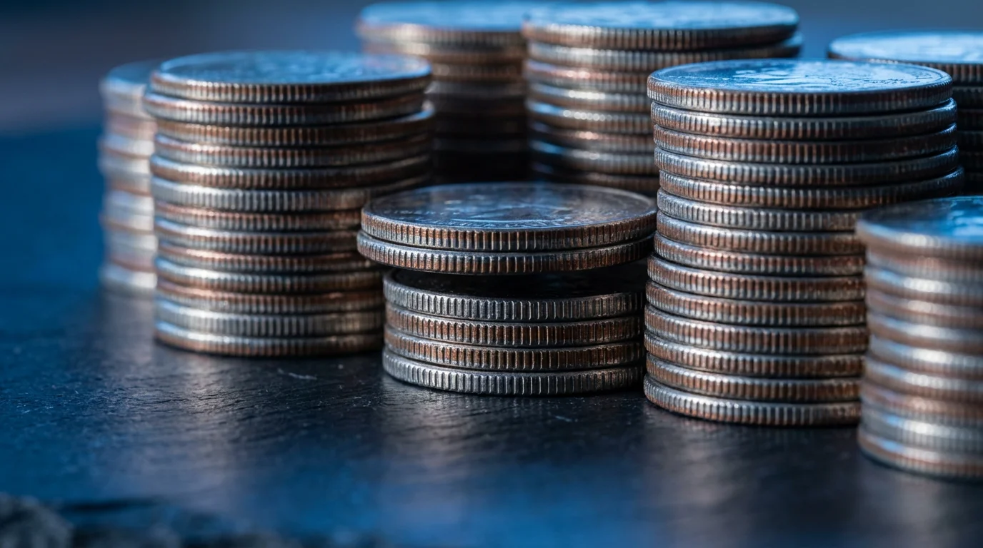 A macro photograph of stacked coins with a portion missing, representing retirement budget impact.