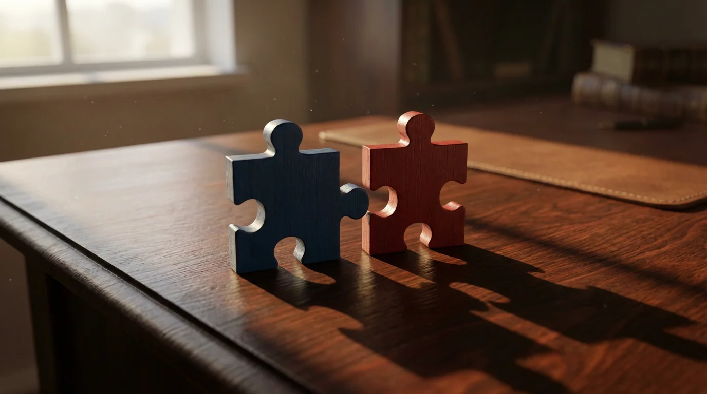 A macro photograph of two red and blue wooden puzzle pieces about to connect.