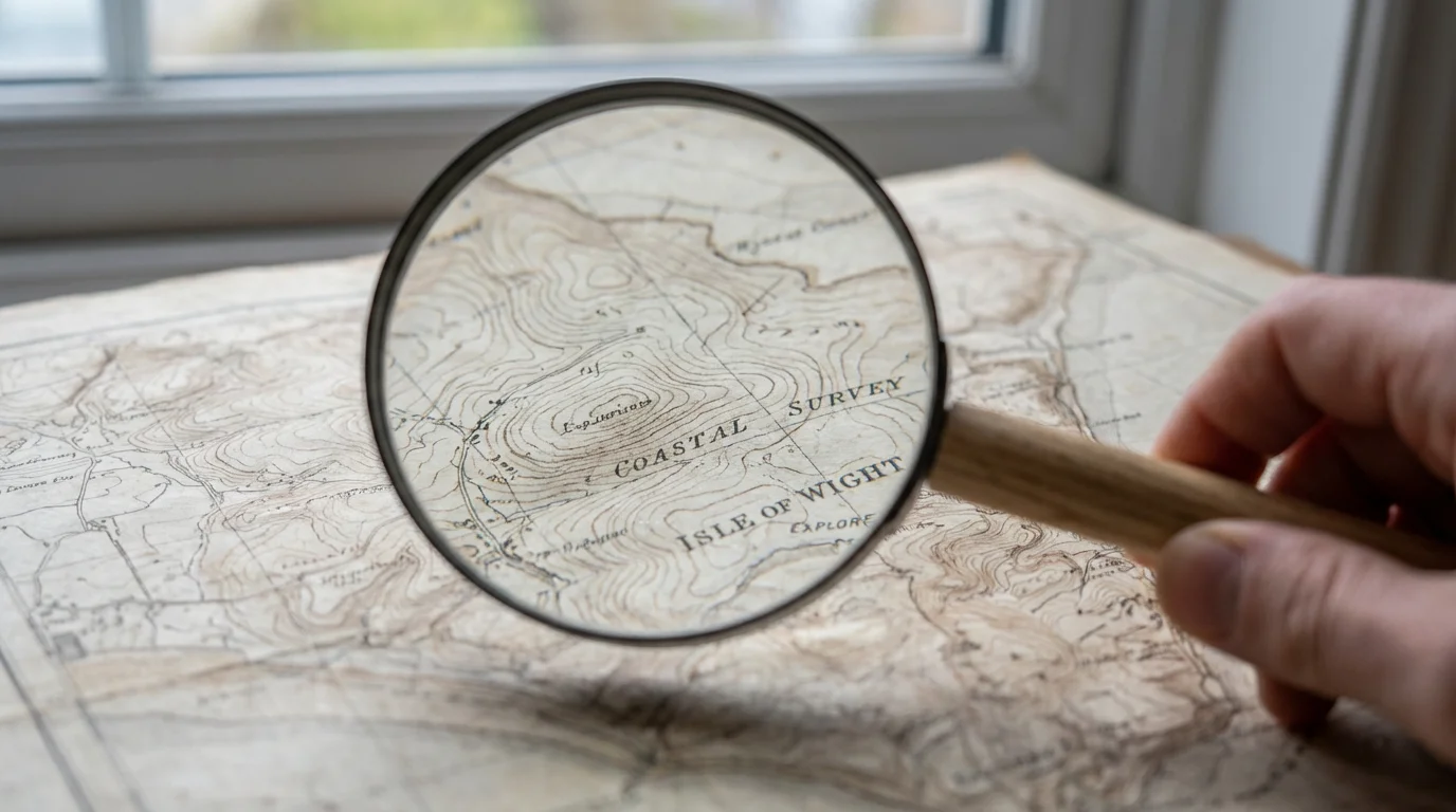 A magnifying glass closely examines intricate details on a topographical map for location research.