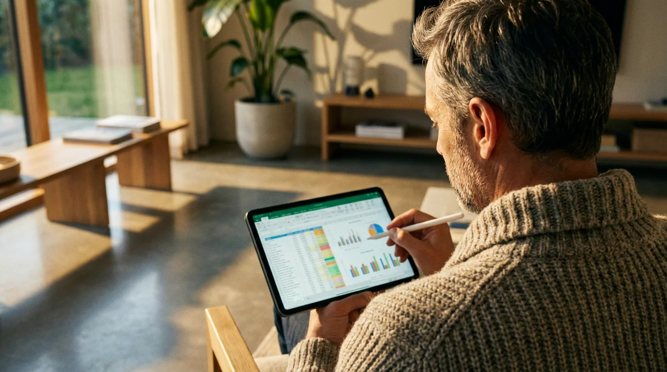 A man in his 60s seen from over his shoulder, budgeting on a tablet.