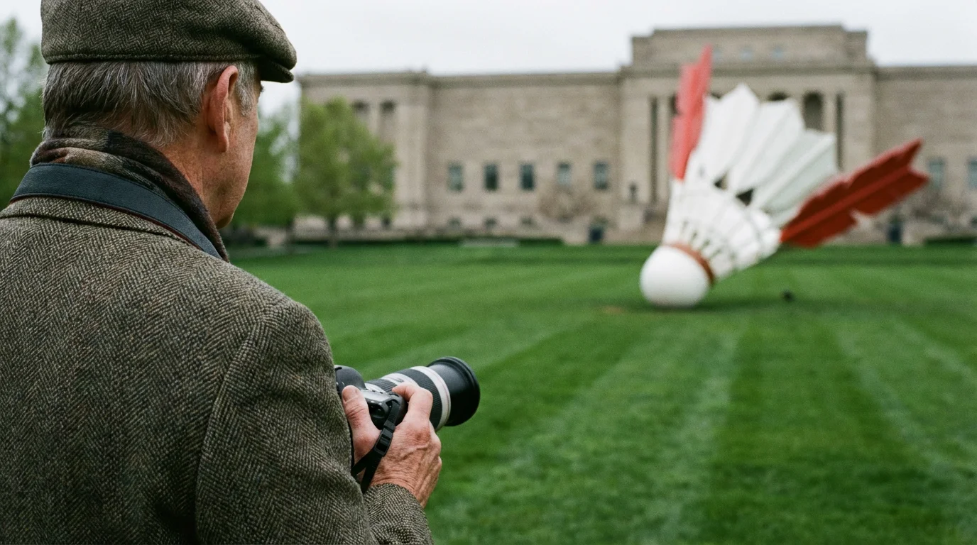 A man looks at a giant shuttlecock sculpture on the lawn of a museum.
