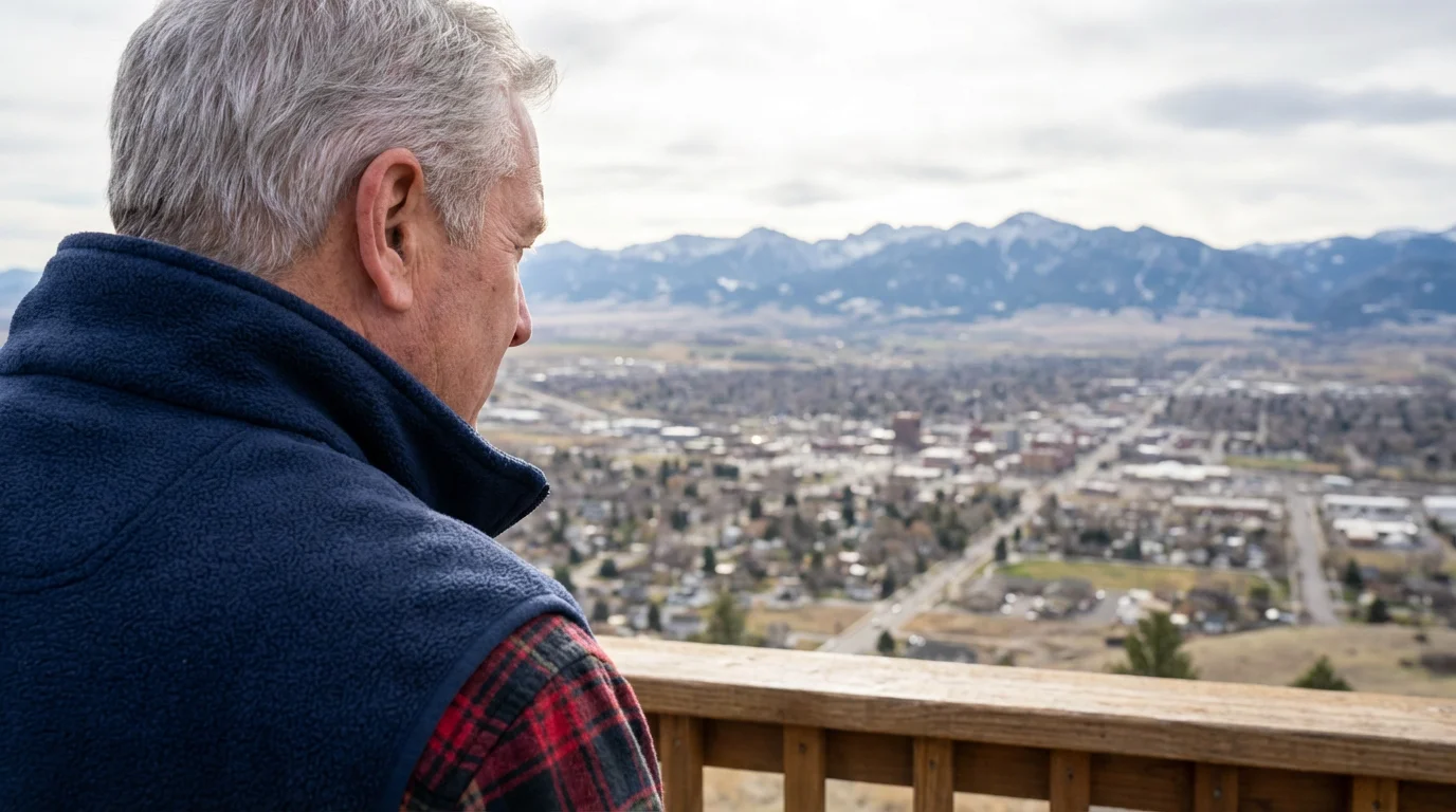 A man looks out over the city of Bozeman, Montana from a scenic overlook.