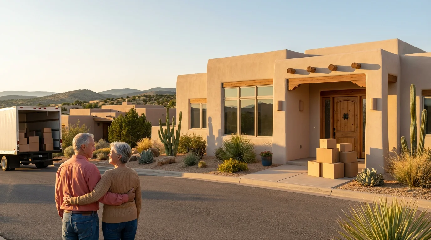 A mature couple admiring their new adobe-style home in the Southwest at golden hour.