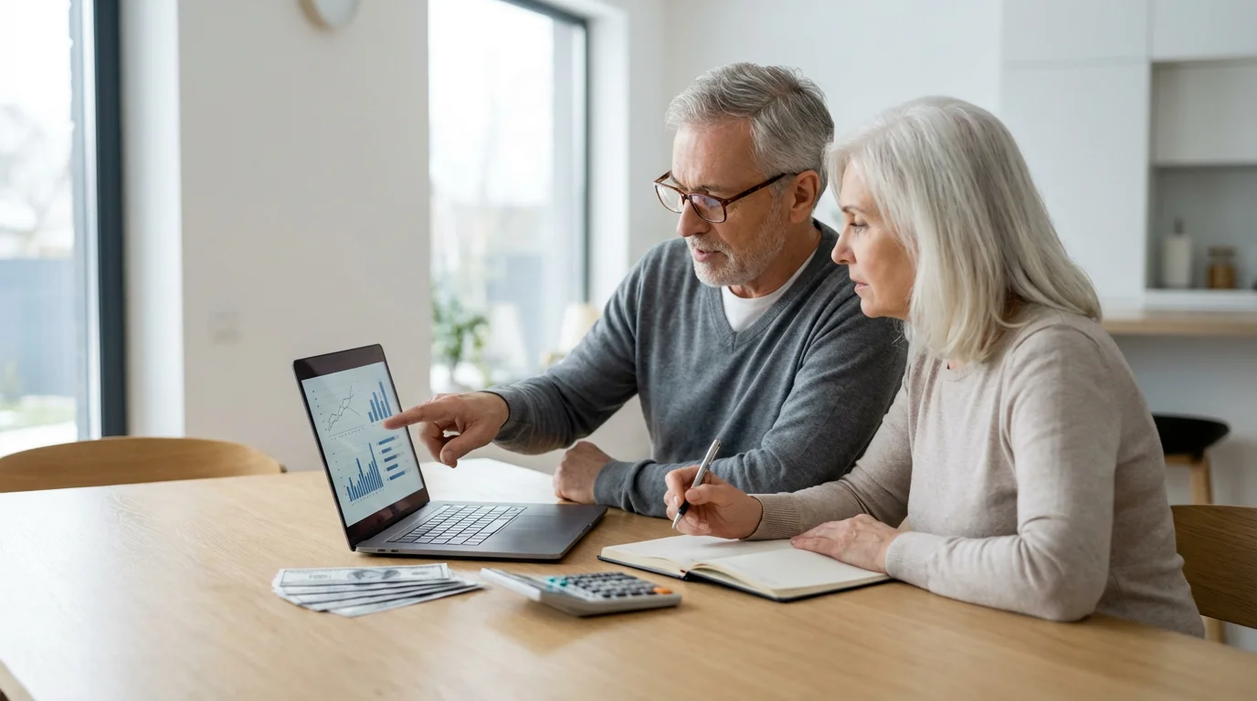 A mature couple at a dining table using a laptop and calculator for budgeting.