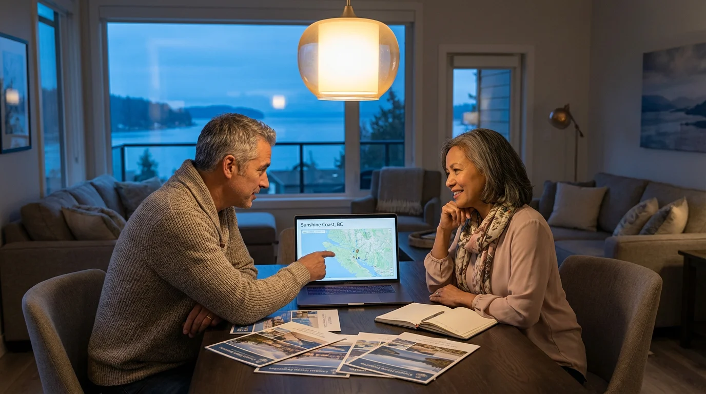 A mature couple at a table planning their retirement relocation to a waterfront property.