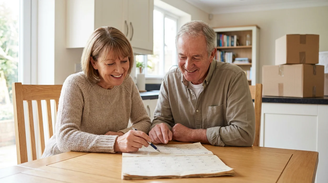 A mature couple at a table smiling and pointing to a calendar to plan their move.