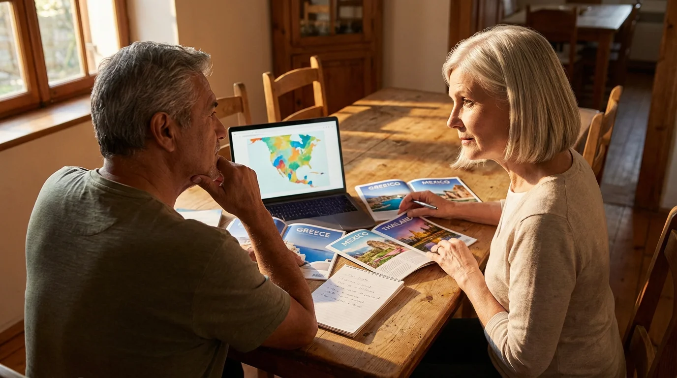 A mature couple at a table thoughtfully planning their snowbirding destination with a laptop.