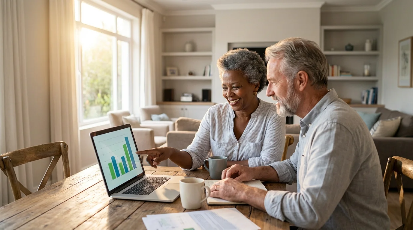 A mature couple collaboratively plans their retirement finances on a laptop during golden hour.