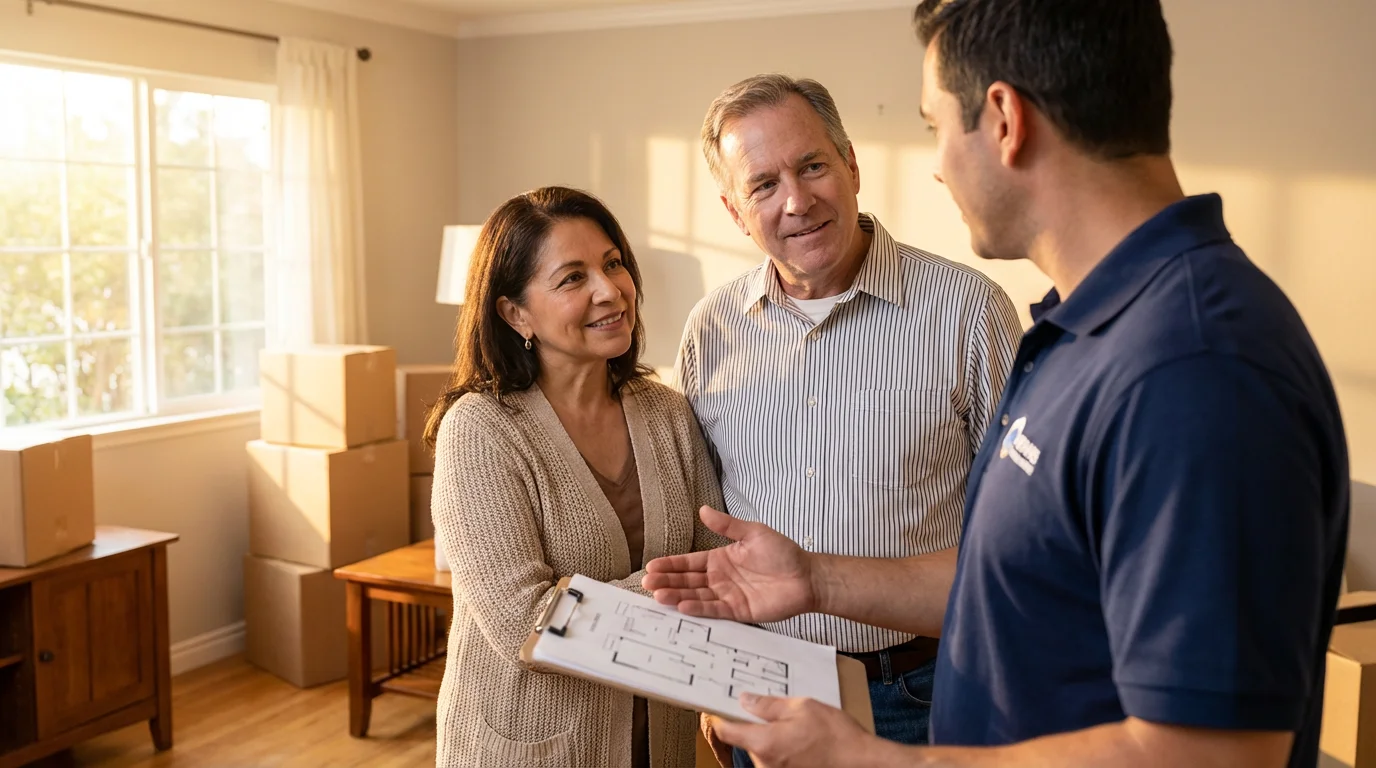A mature couple discusses a moving estimate with a professional mover in their home.