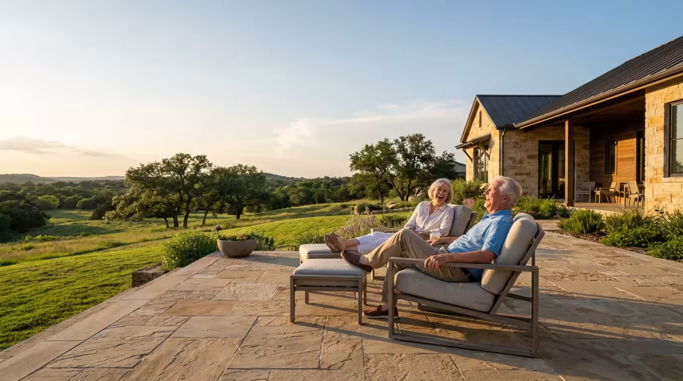 A mature couple enjoying a golden hour sunset from their modern Texas home patio.