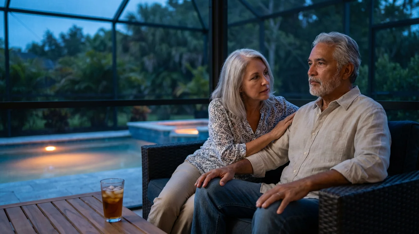 A mature couple has a serious conversation on their Florida patio at dusk.