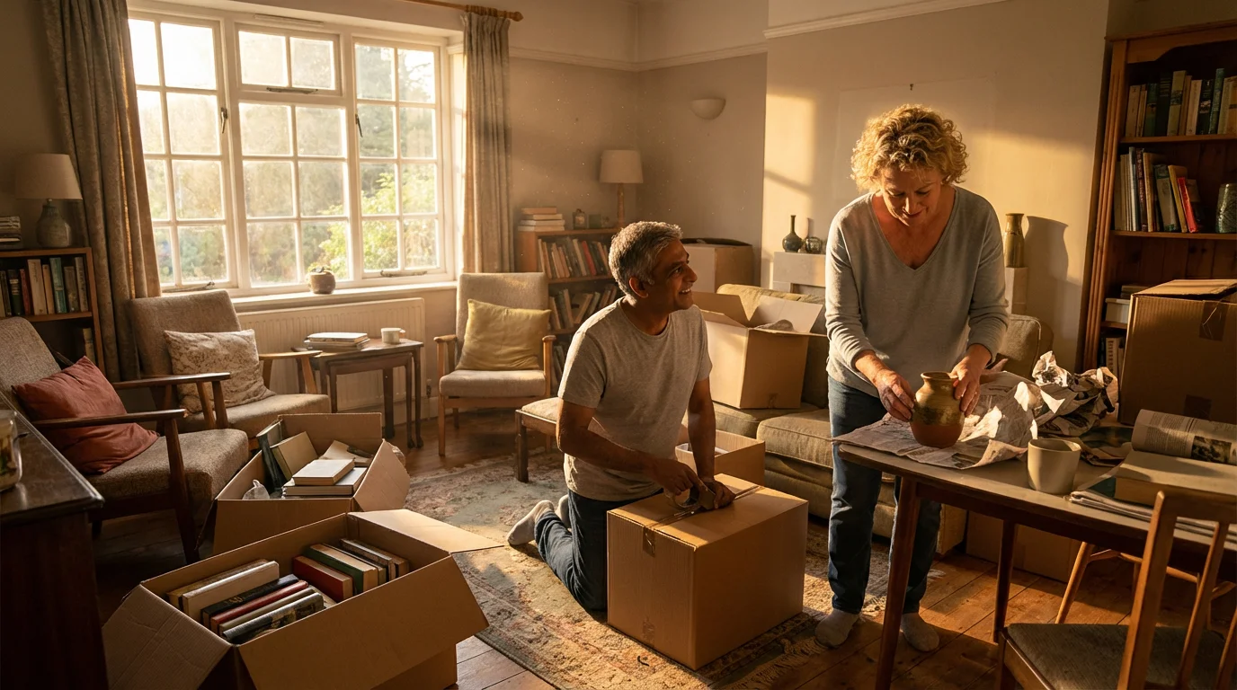 A mature couple in a sunlit room, surrounded by boxes as they pack for relocation.