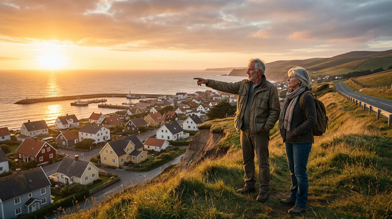 A mature couple on a bluff thoughtfully observes a coastal town at golden hour.