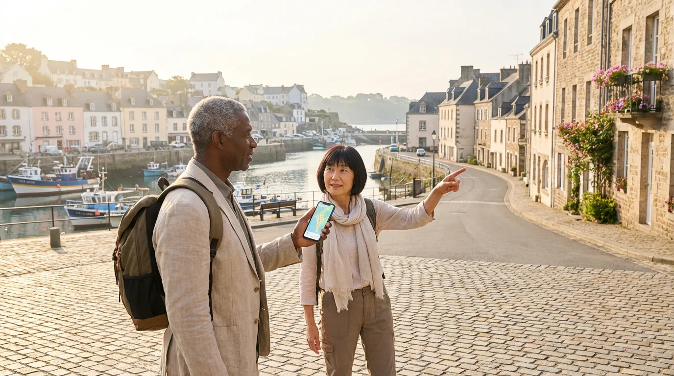 A mature couple on a research trip, exploring a sunny coastal town for retirement.