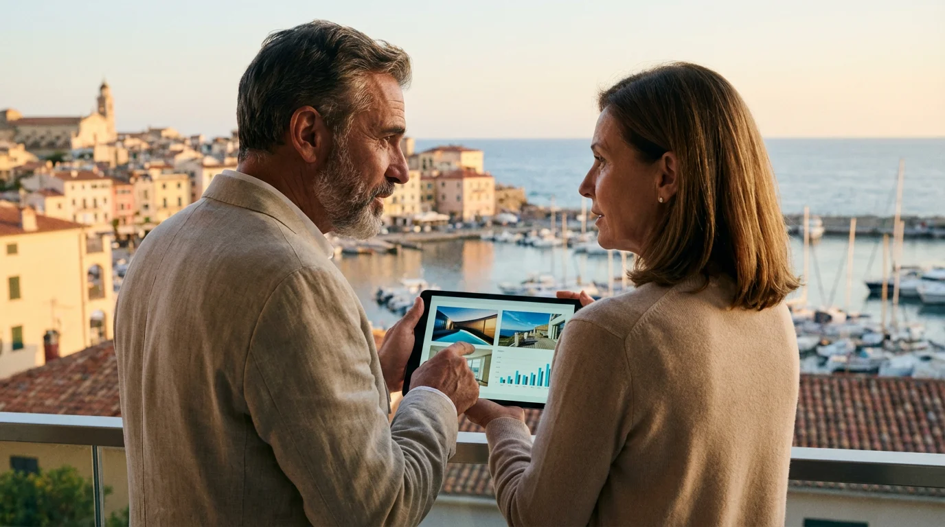A mature couple plans their coastal retirement on a tablet during a golden hour sunset.