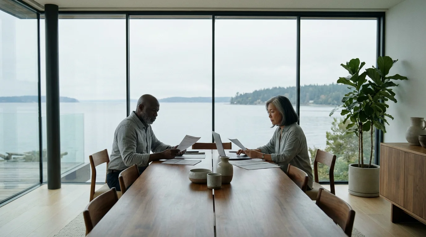 A mature couple plans their finances in a modern living room with a wide waterfront view.