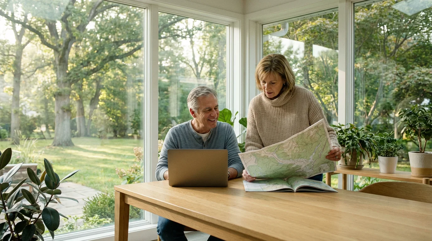 A mature couple plans their relocation with a laptop and a map in a sunlit room.
