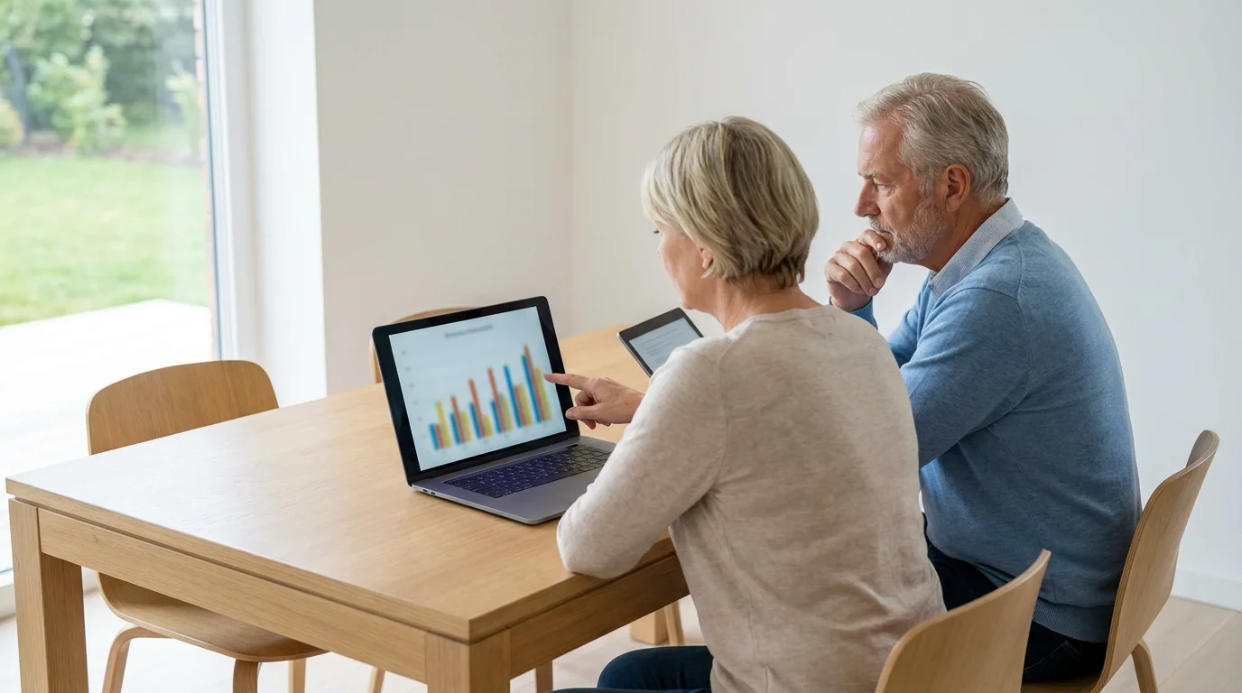 A mature couple researches retirement housing costs on a laptop in a bright modern home.