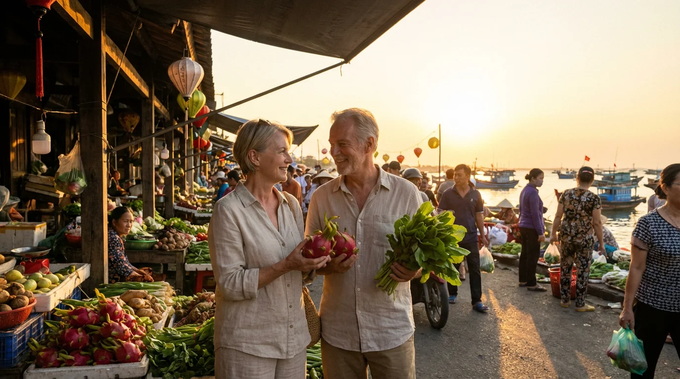 A mature couple shops for fresh fruit at a vibrant outdoor market in Vietnam.