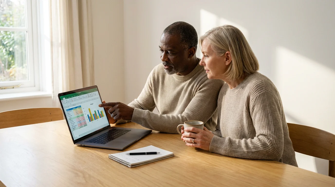 A mature couple sits at a table planning their retirement move on a laptop.