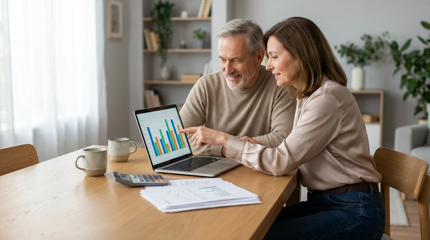 A mature couple sits at a table planning their retirement budget with a laptop.