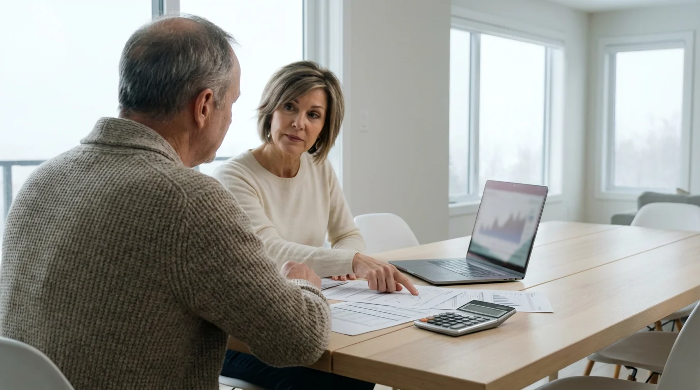 A mature couple sits at a table reviewing financial documents and a laptop together.