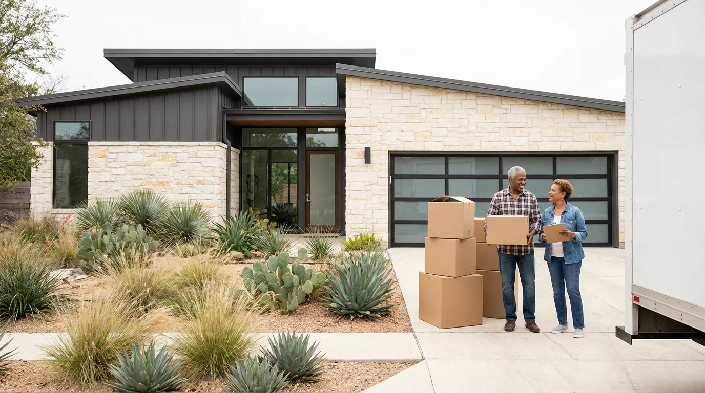 A mature couple stands with moving boxes in the driveway of a modern Texas home.