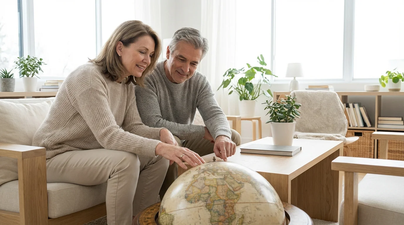 A mature couple thoughtfully examines a world globe in a modern living room.