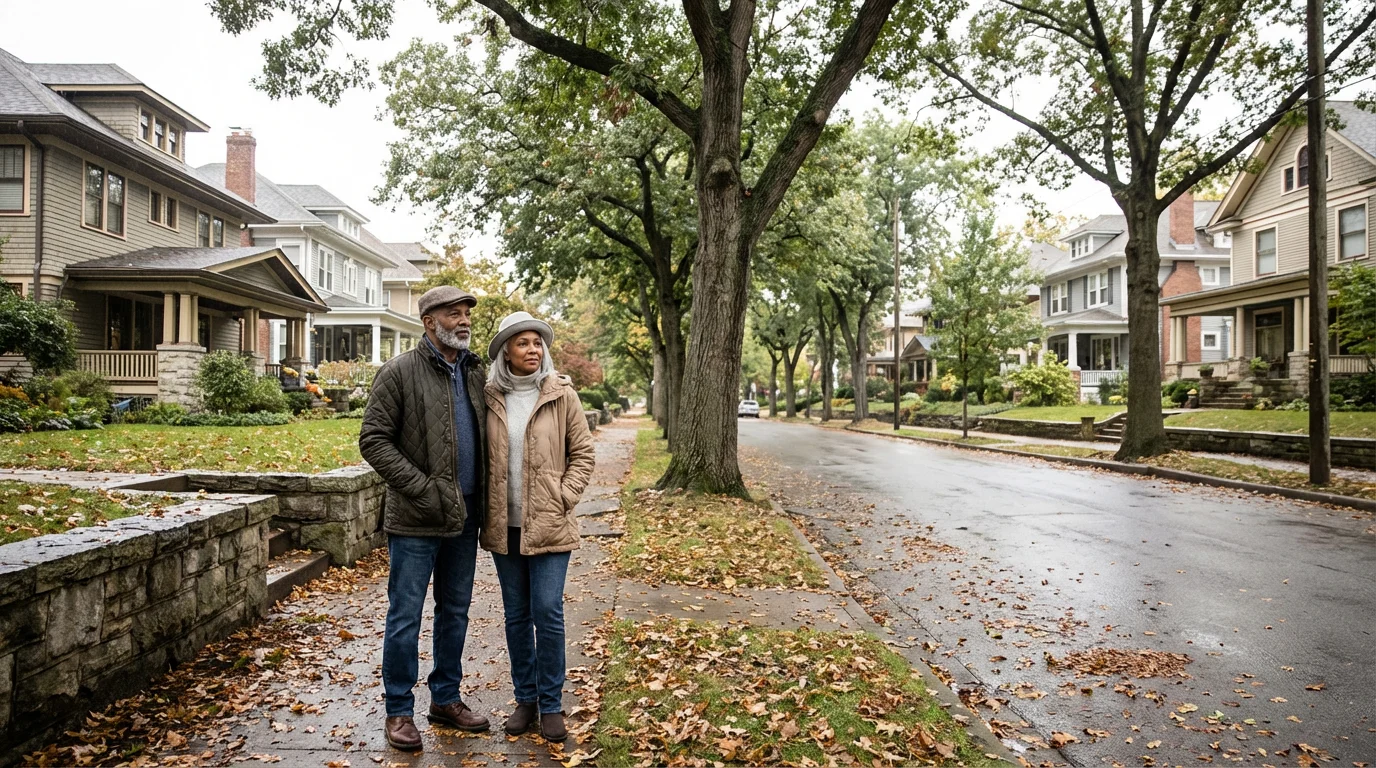 A mature couple thoughtfully exploring a charming, tree-lined residential street in a potential retirement town.