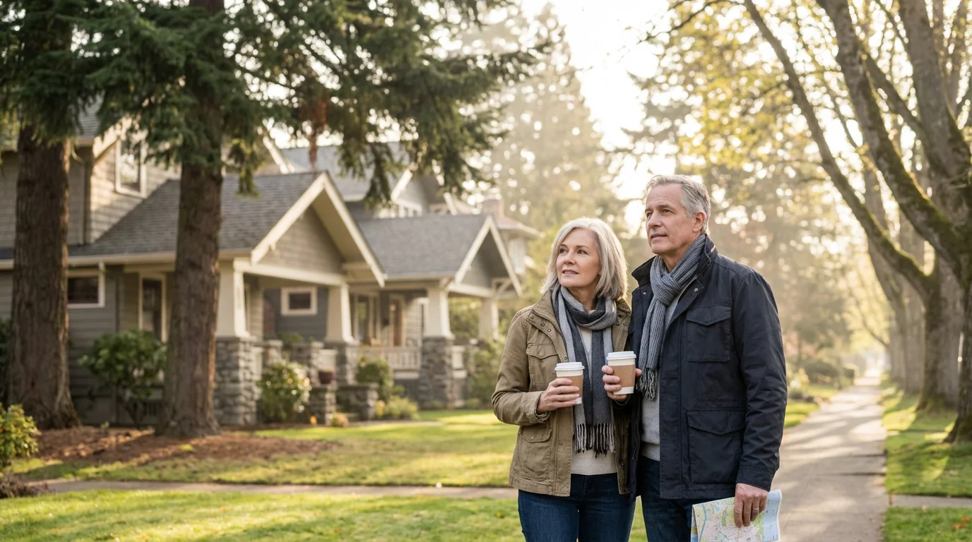 A mature couple thoughtfully exploring a beautiful residential neighborhood for their Washington retirement relocation.