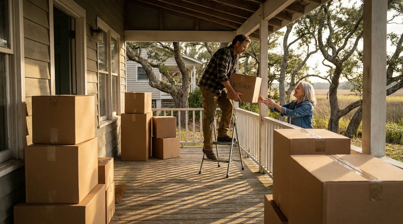 A mature couple unpacks moving boxes on the porch of a coastal cottage.