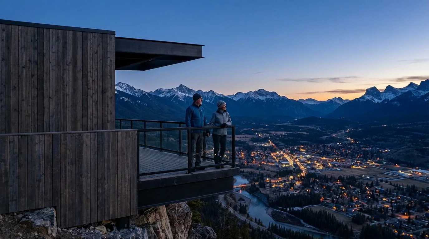 A mature couple watches the lights of a Colorado mountain town appear at dusk.