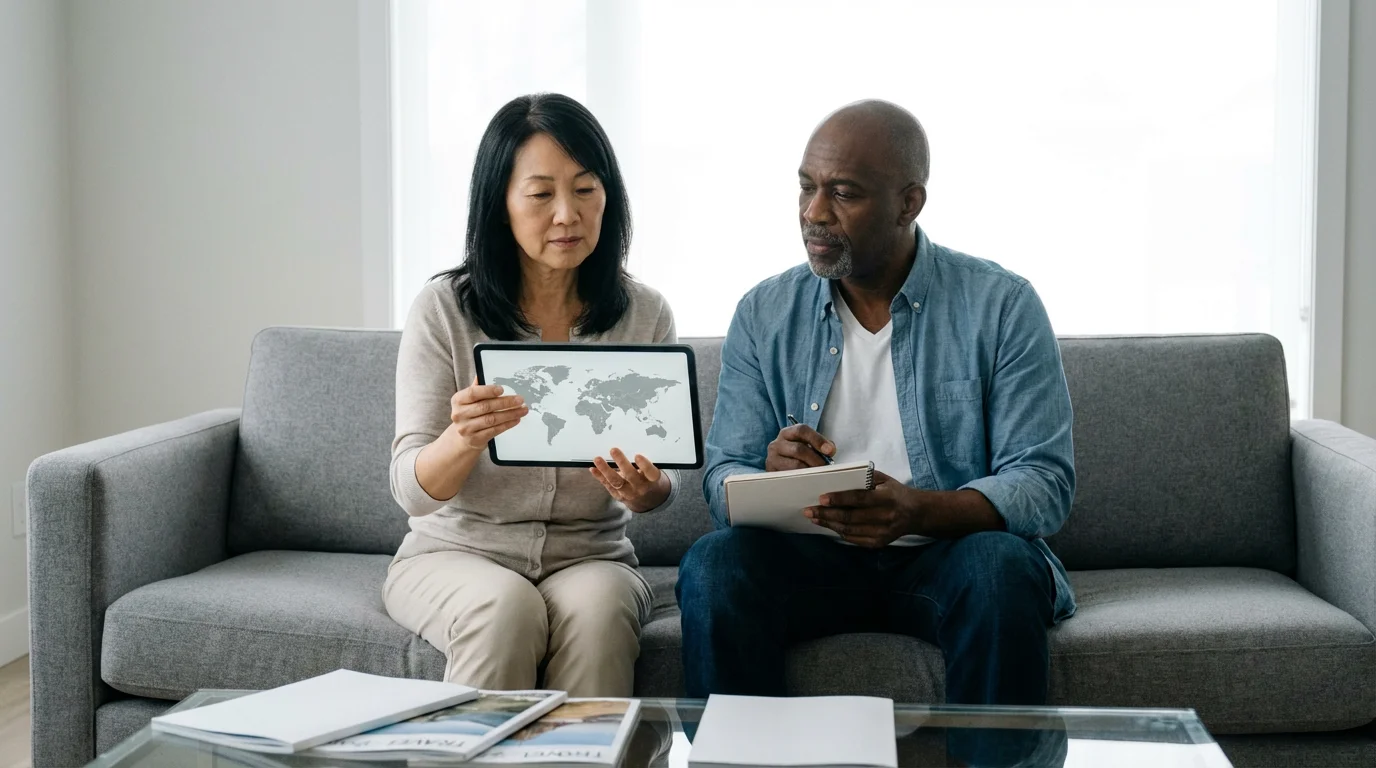 A mature, diverse couple thoughtfully researching international retirement options on a tablet in their home.