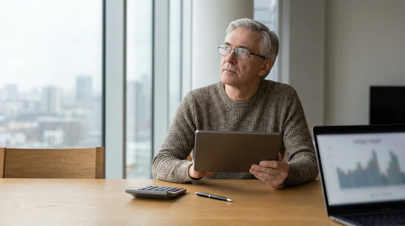 A mature man at a table reviews his finances on a tablet for international retirement.
