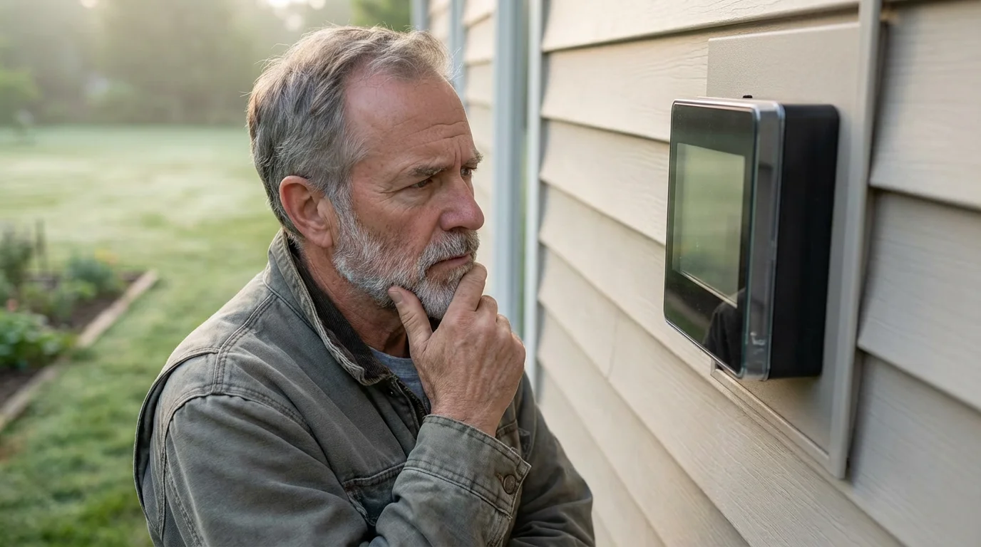 A mature man thoughtfully looking at a digital electric meter on his home's exterior.