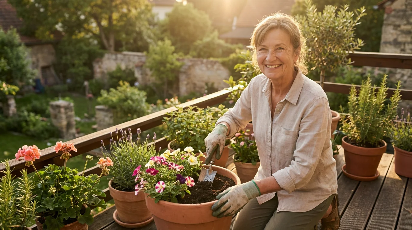 A mature woman smiling while gardening on her balcony during a warm golden hour.