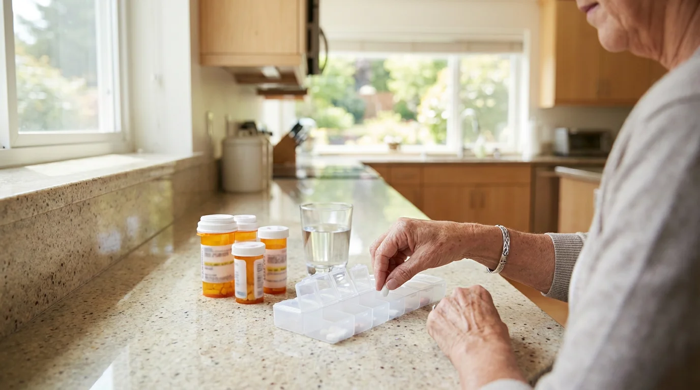 A mature woman's hands organizing a weekly pill dispenser on a sunlit kitchen counter.