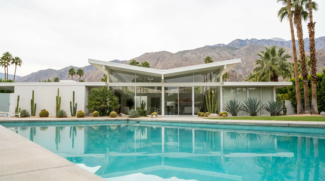 A mid-century modern house with a swimming pool in Palm Springs with mountains behind.