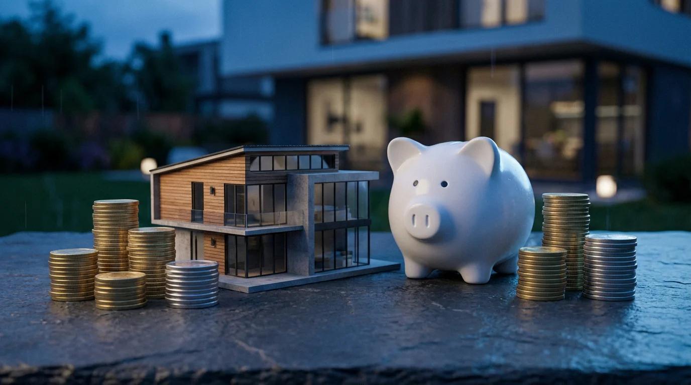 A miniature house, piggy bank, and stacks of coins on a table at dusk.