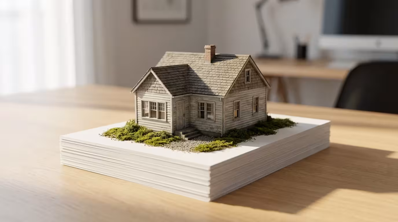A miniature model of a house sitting on a thick stack of blank papers.