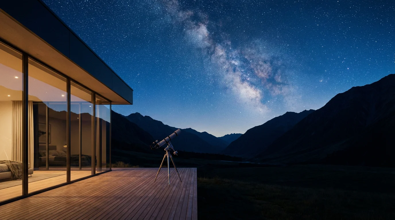 A modern home and deck with a telescope in a remote mountain valley at dusk.