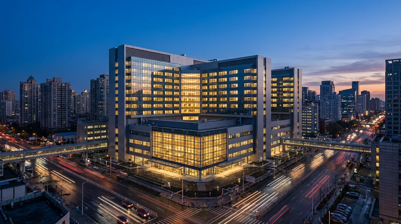 A modern hospital building illuminated at dusk in a major Washington city.