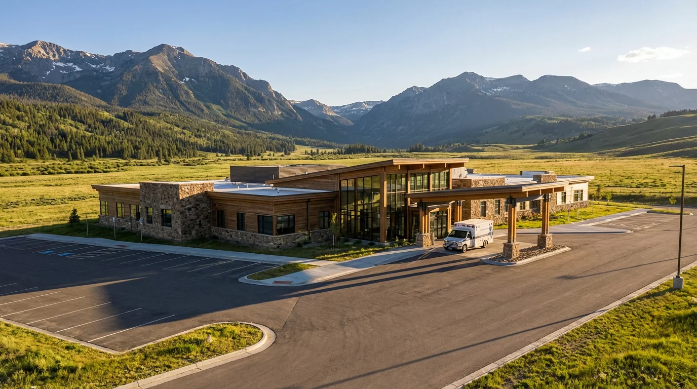 A modern regional hospital building with an ambulance in a scenic mountain valley.