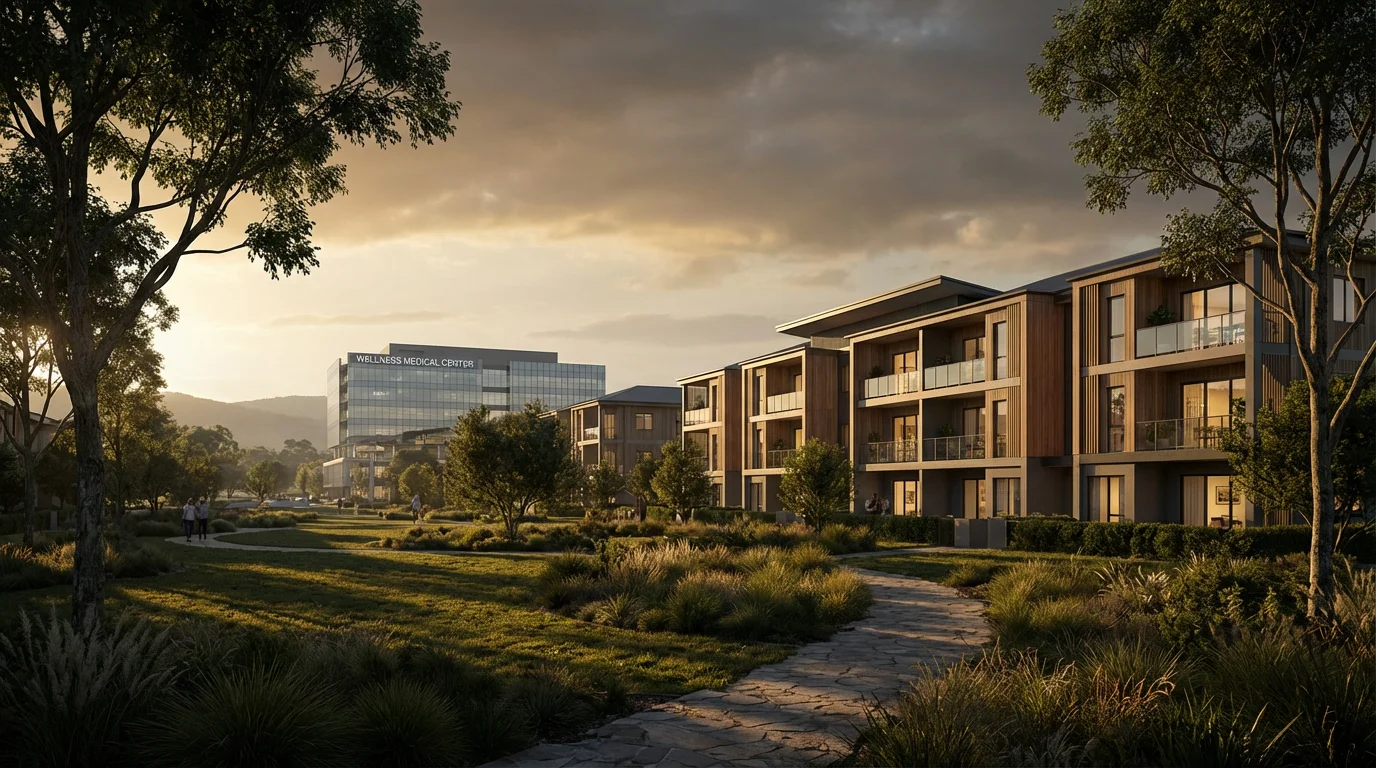 A modern retirement community with a large hospital visible in the near distance afternoon.