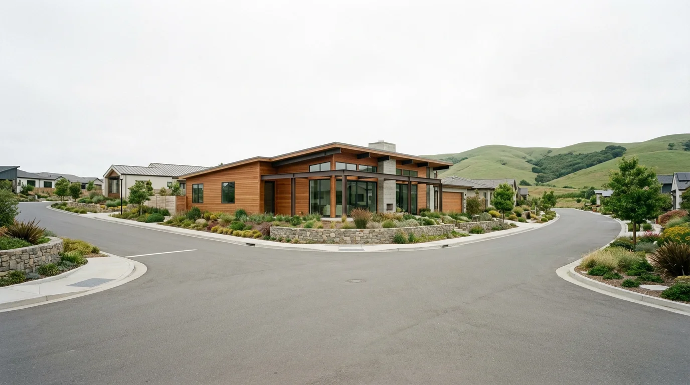 A modern, seismically-safe home in a planned residential community with rolling hills behind.