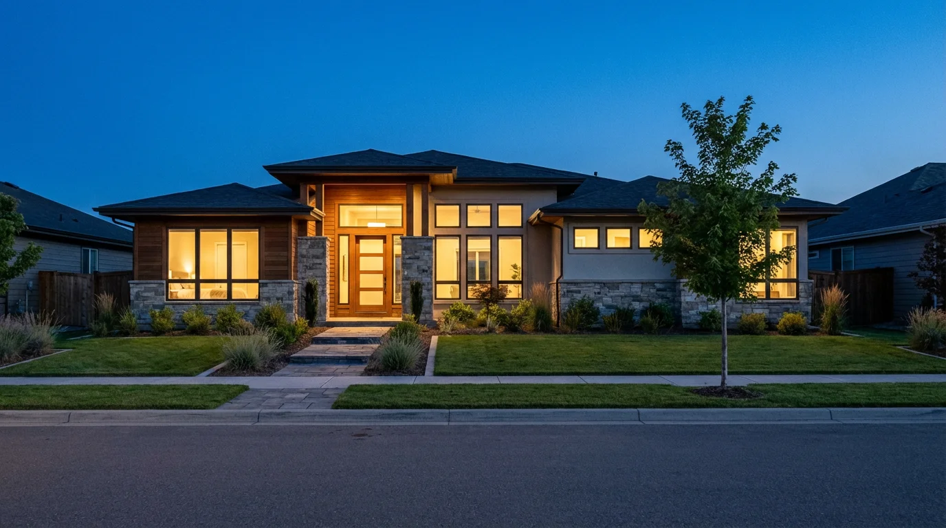 A modern suburban home with warm lights glowing from inside at dusk.